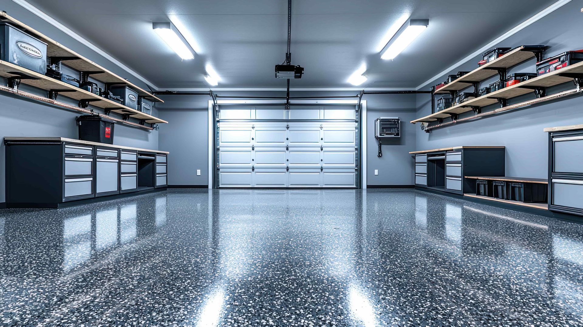 Spacious garage with epoxy floor, shelving, storage cabinets, and overhead fluorescent lights. Garage door is open.
