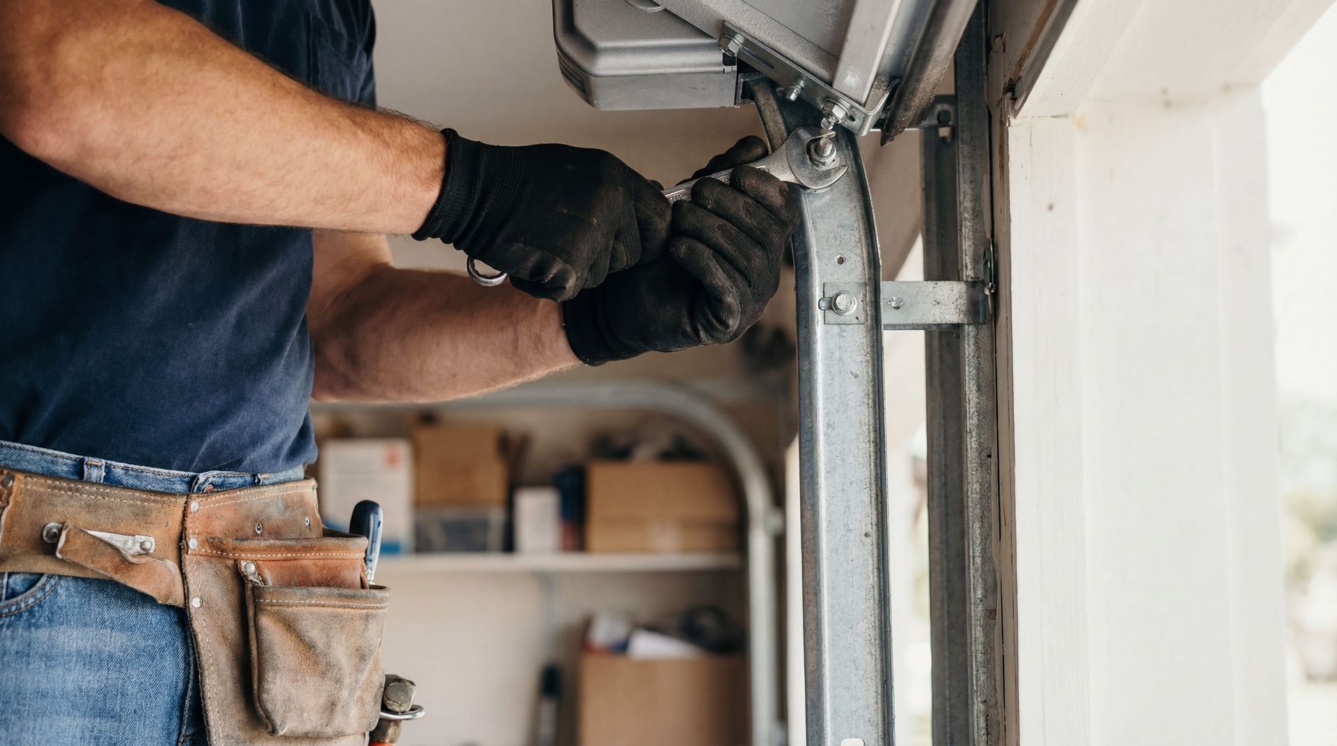 Person in black gloves repairs garage door, wearing tool belt.