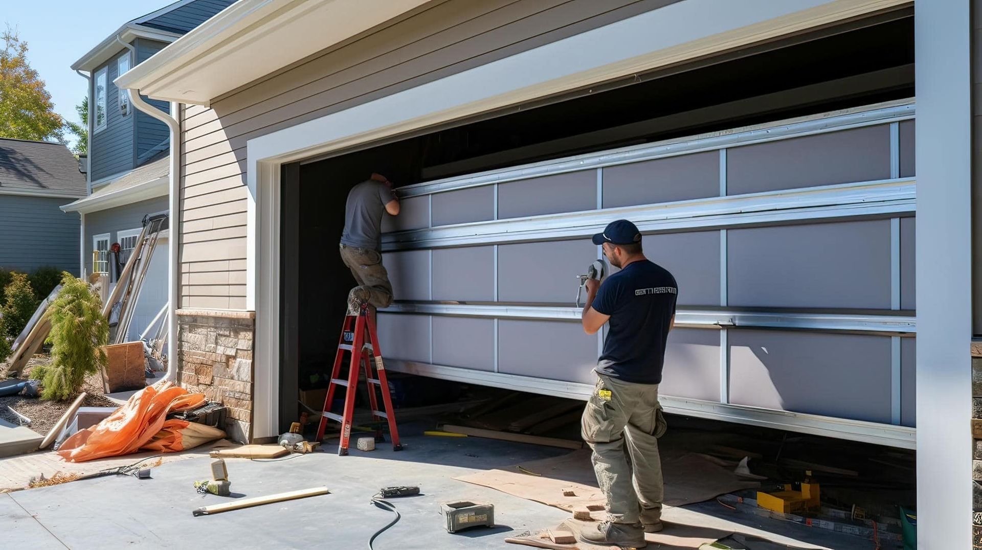 Two workers install a garage door in front of a house. One is on a ladder, the other stands below.
