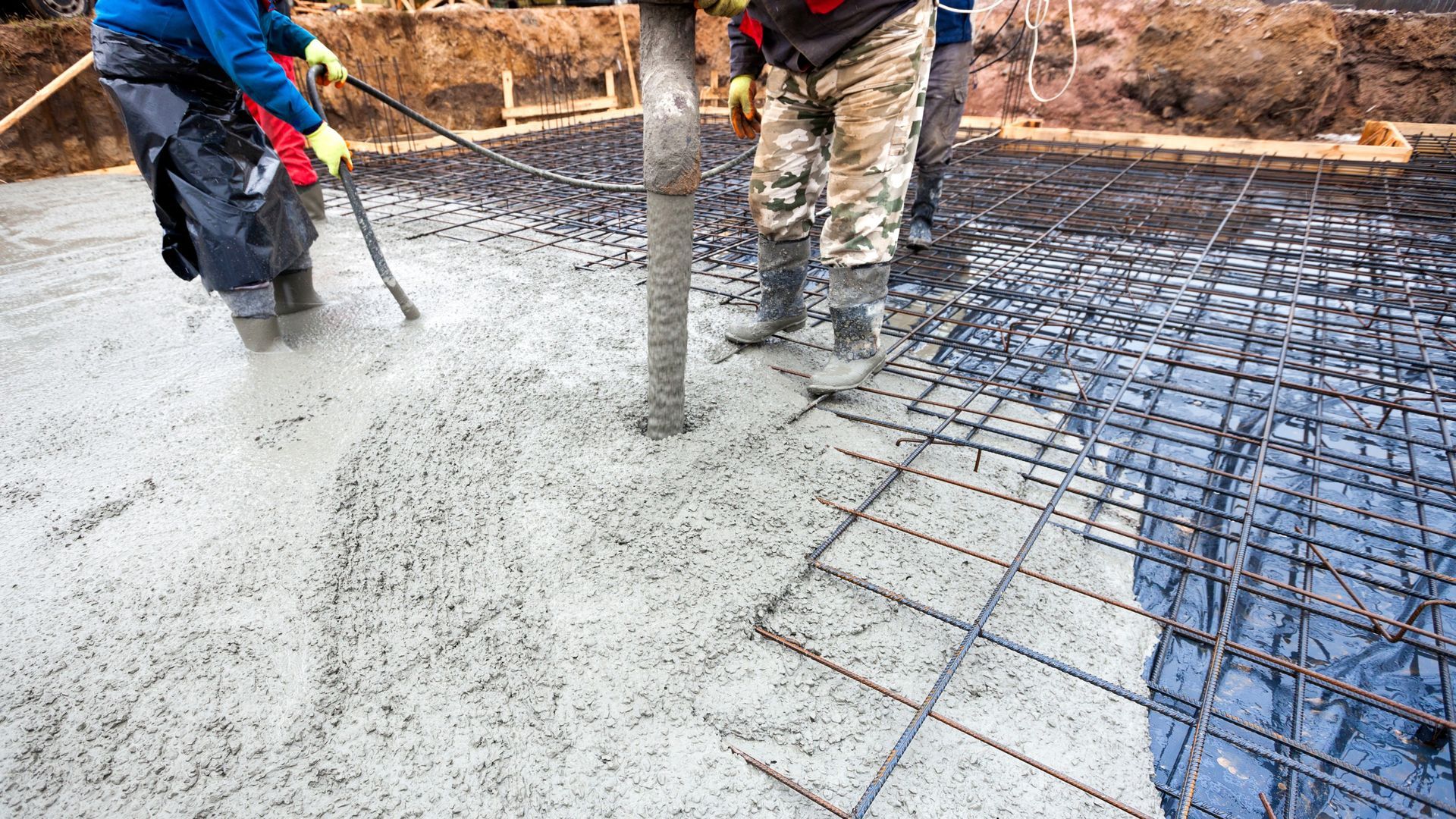 Workers pour and spread wet concrete around a tree stump over a steel rebar grid.
