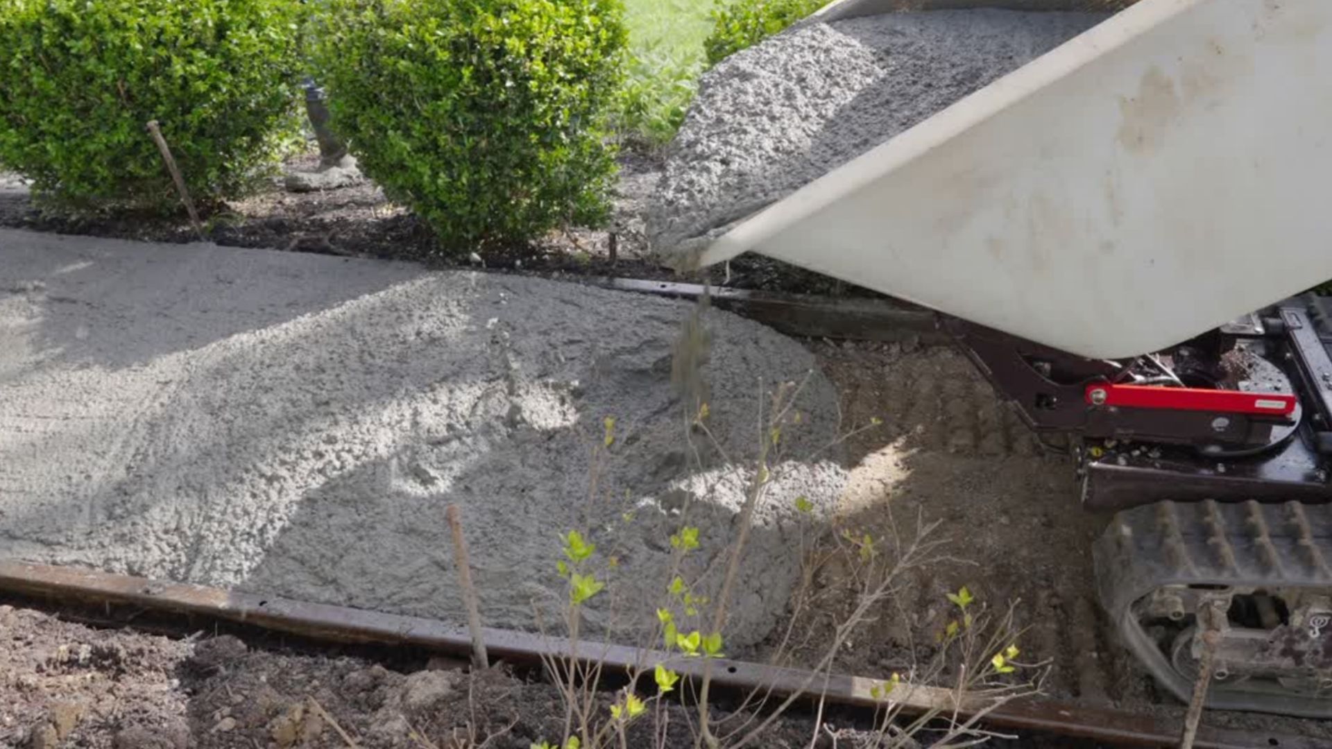 A motorised wheelbarrow tipping concrete into a garden path in Rochdale, Concrete supplied by PureMix Concrete Rochdale.