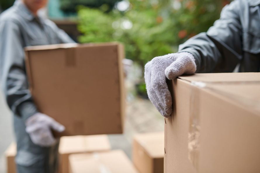 Two people wearing gloves carrying cardboard boxes outside.