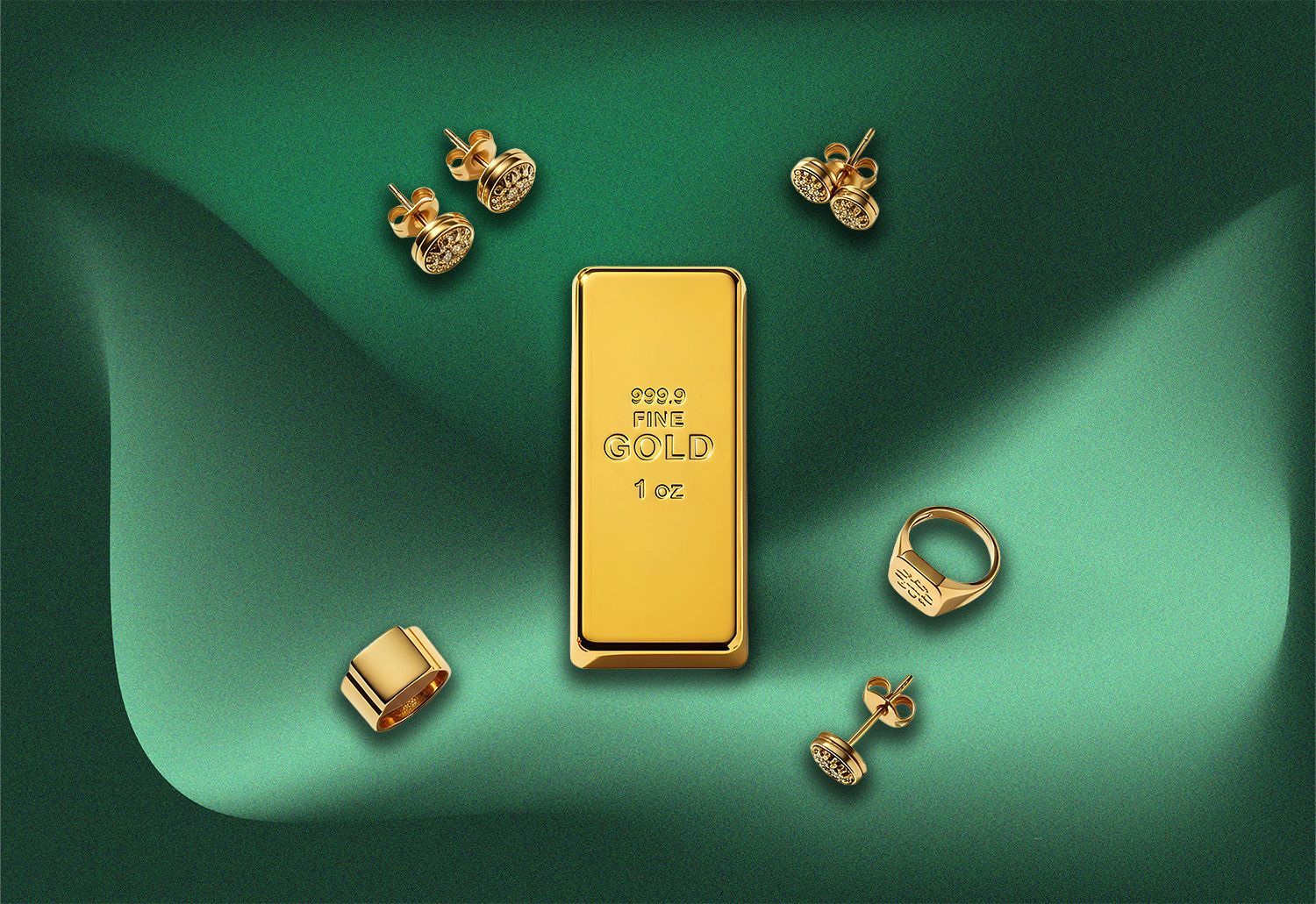 Gold bar surrounded by gold jewelry on a draped green background.