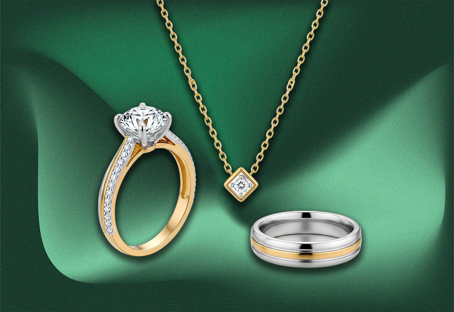 Jewelry set: diamond ring, necklace, and band on a green background.