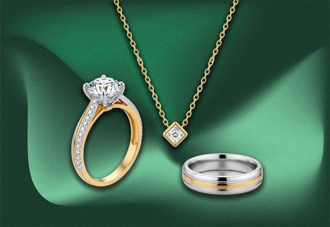Jewelry set: diamond ring, necklace, and band on a green background.