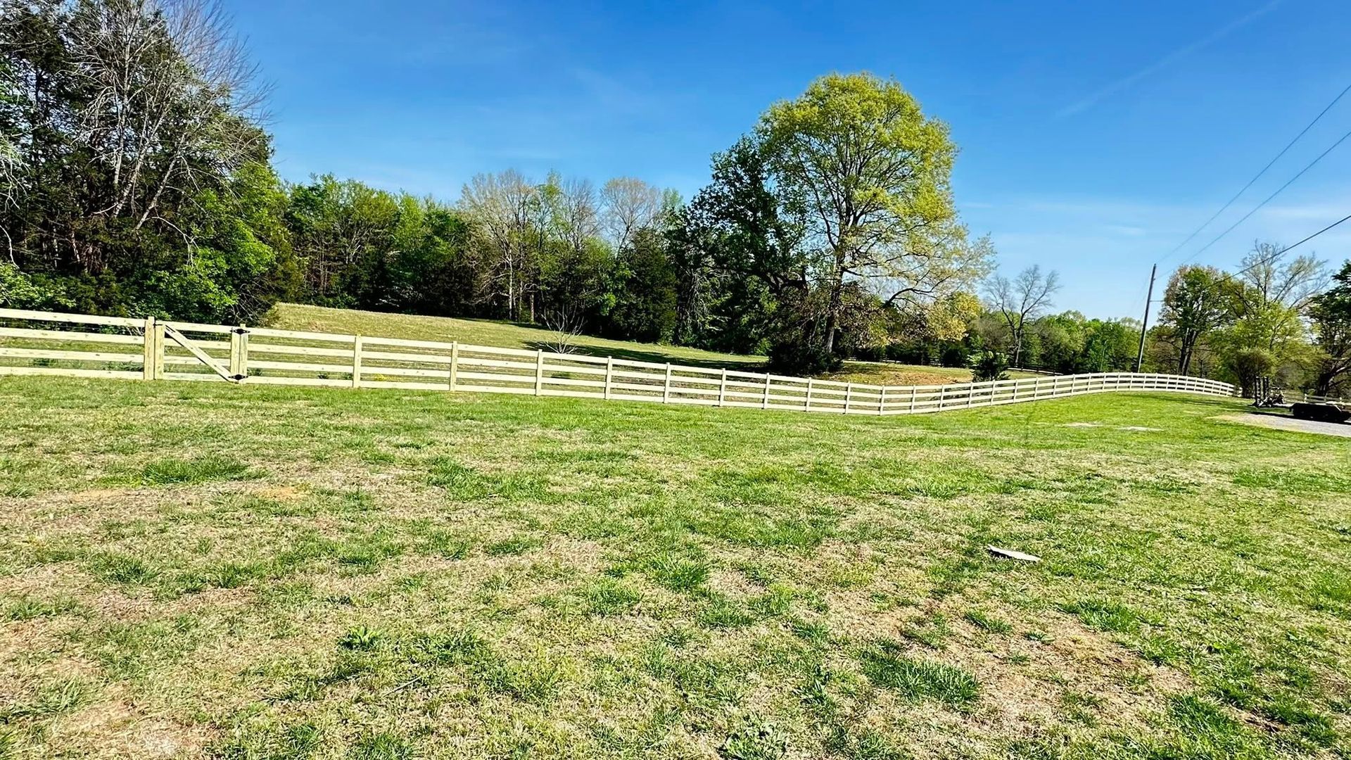 Sunny grassy field with white fence, trees, and blue sky