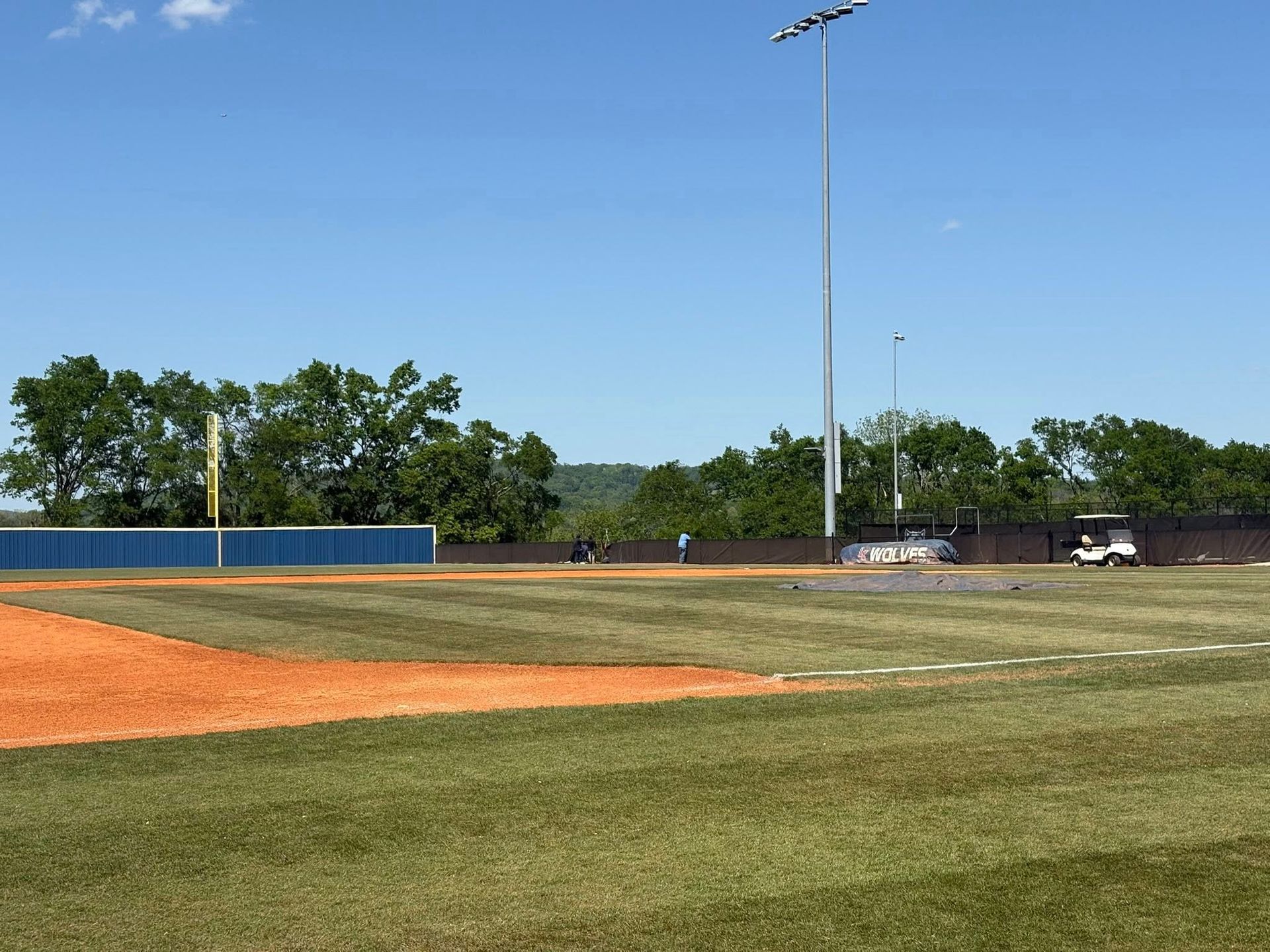 Baseball field with green grass, dirt infield, outfield fence, and tall light poles under a clear blue sky