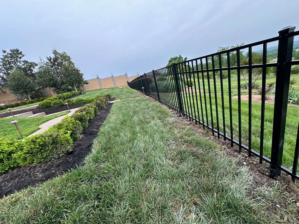 Black metal fence beside a grassy path and landscaped garden under a cloudy sky