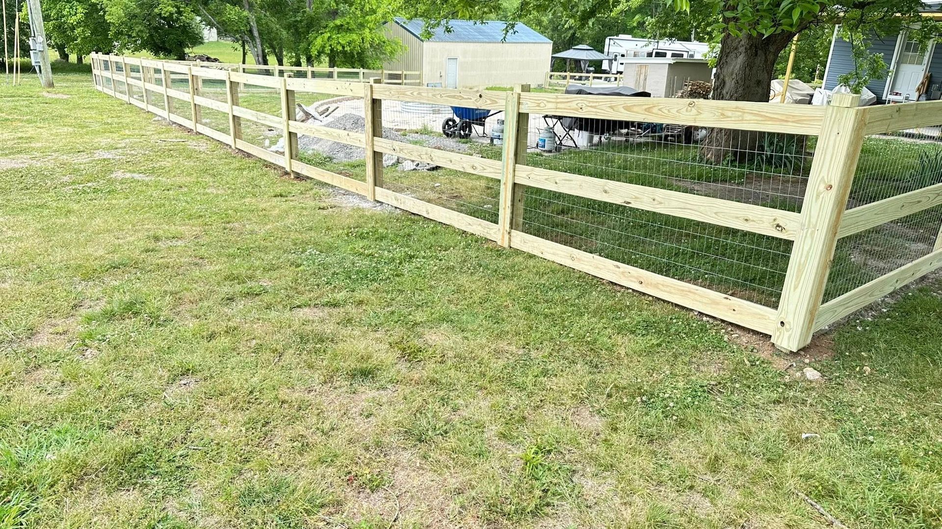 Wooden fence enclosing a grassy yard with a blue shed and trees in the background.
