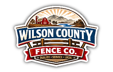 Wilson County Fence Co. logo with red barn, mountains, and brown and red badge text