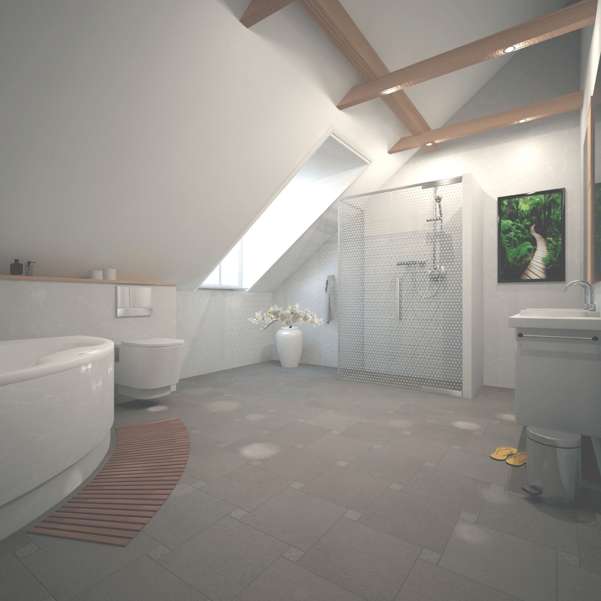 Helles Badezimmer mit Dachschräge, Glasdusche, Badewanne und WC. Akzente in Weiß, Grau und Holz.
