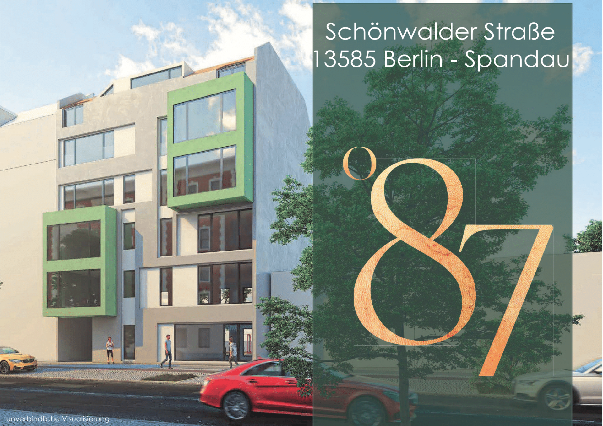 Modern apartment building on Schönwalder Straße in Berlin-Spandau, with green accents and address 