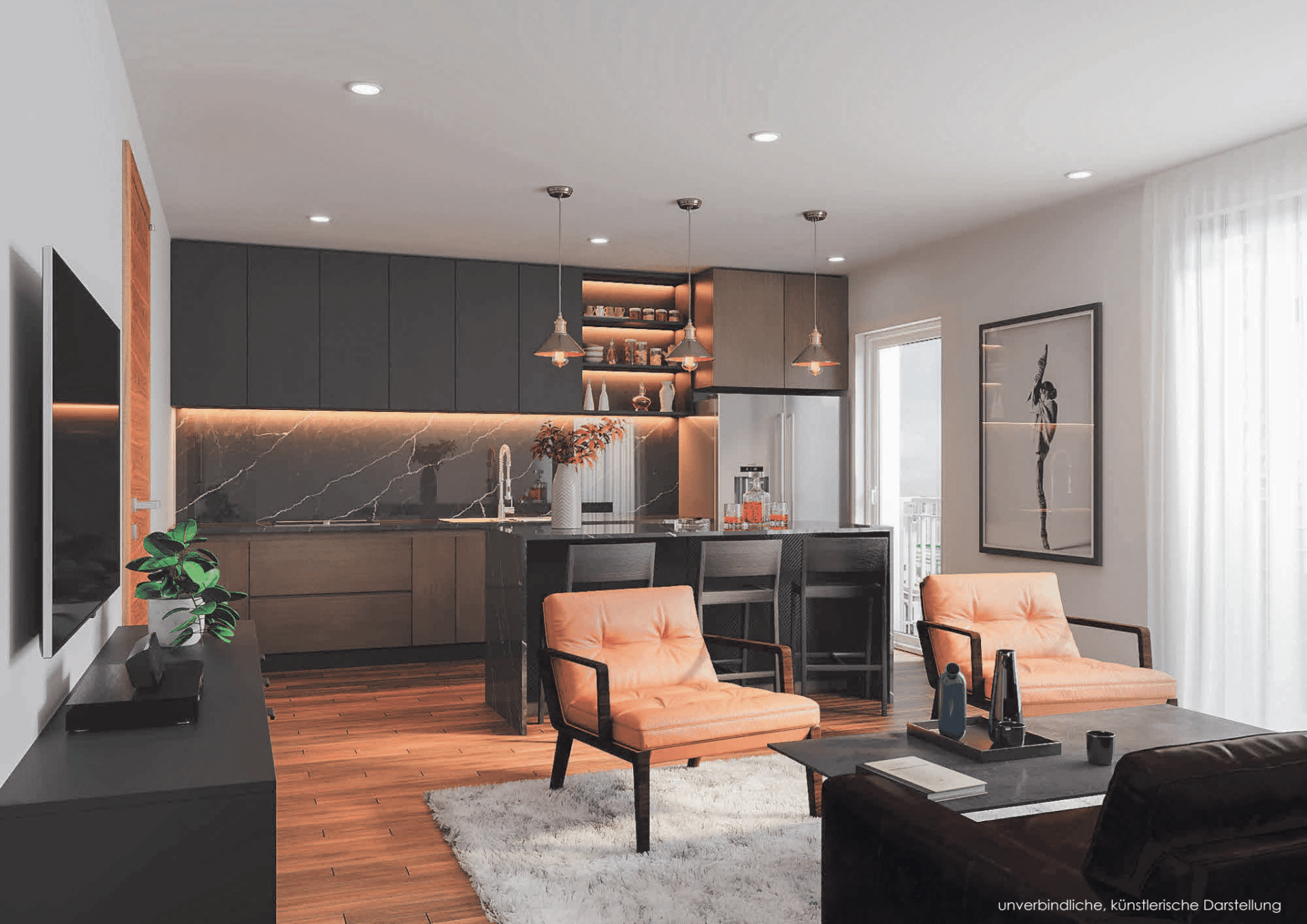 Modernes Wohnzimmer mit Küche. Dunkelgraue Schränke, orangefarbene Sessel, Holzböden und ein Teppich.