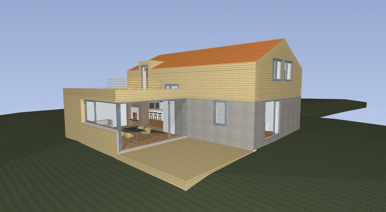 3D-Modell eines zweistöckigen Hauses mit offener Seite, das Innen- und Außendetails zeigt.