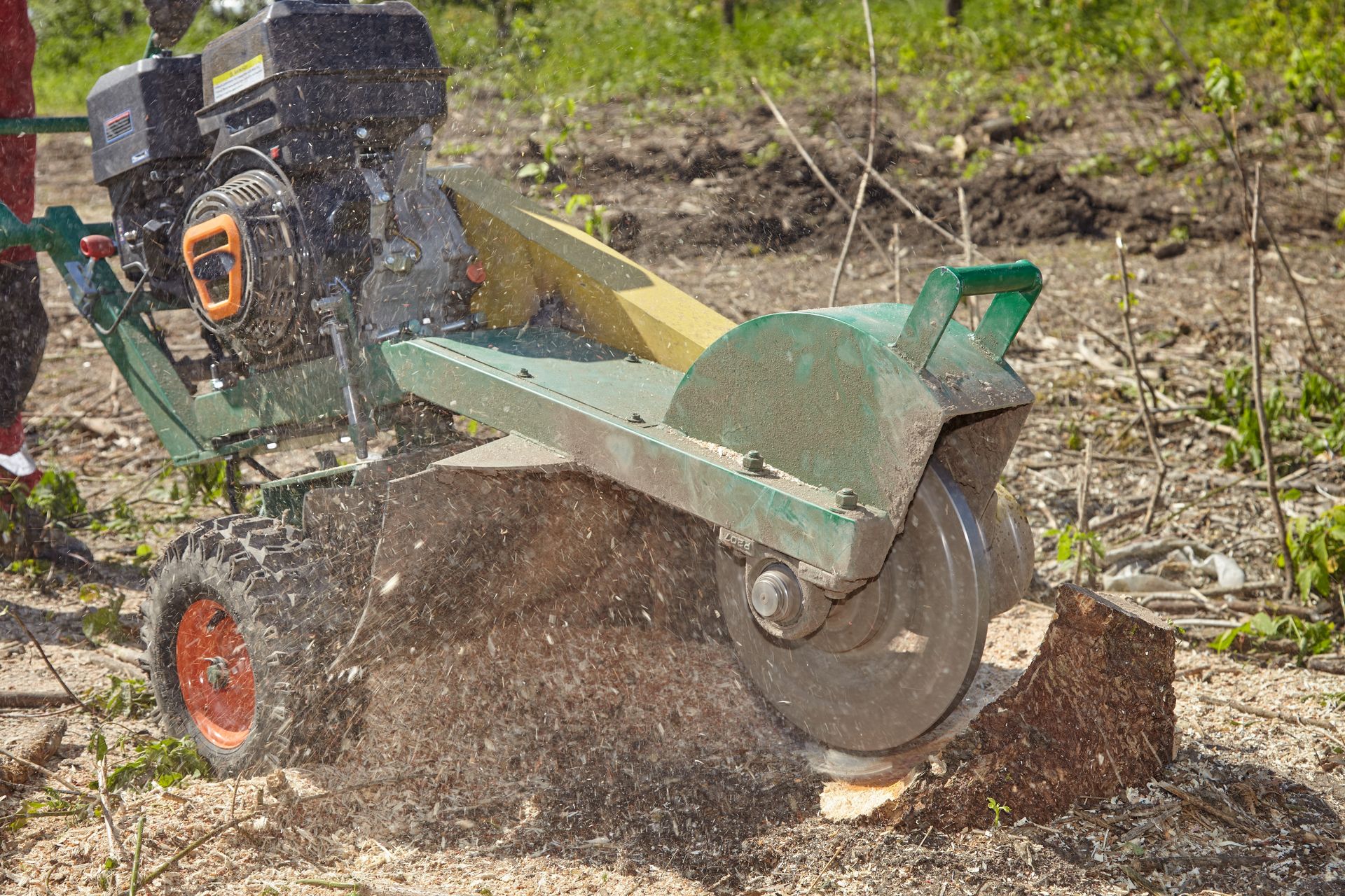 Wood chipper shredding a tree stump, spraying debris in a wooded area