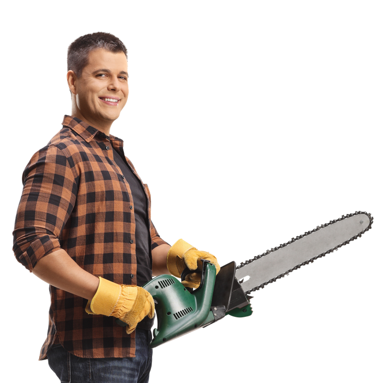 Smiling person holding a green chainsaw, wearing a plaid shirt and yellow work gloves on a white background
