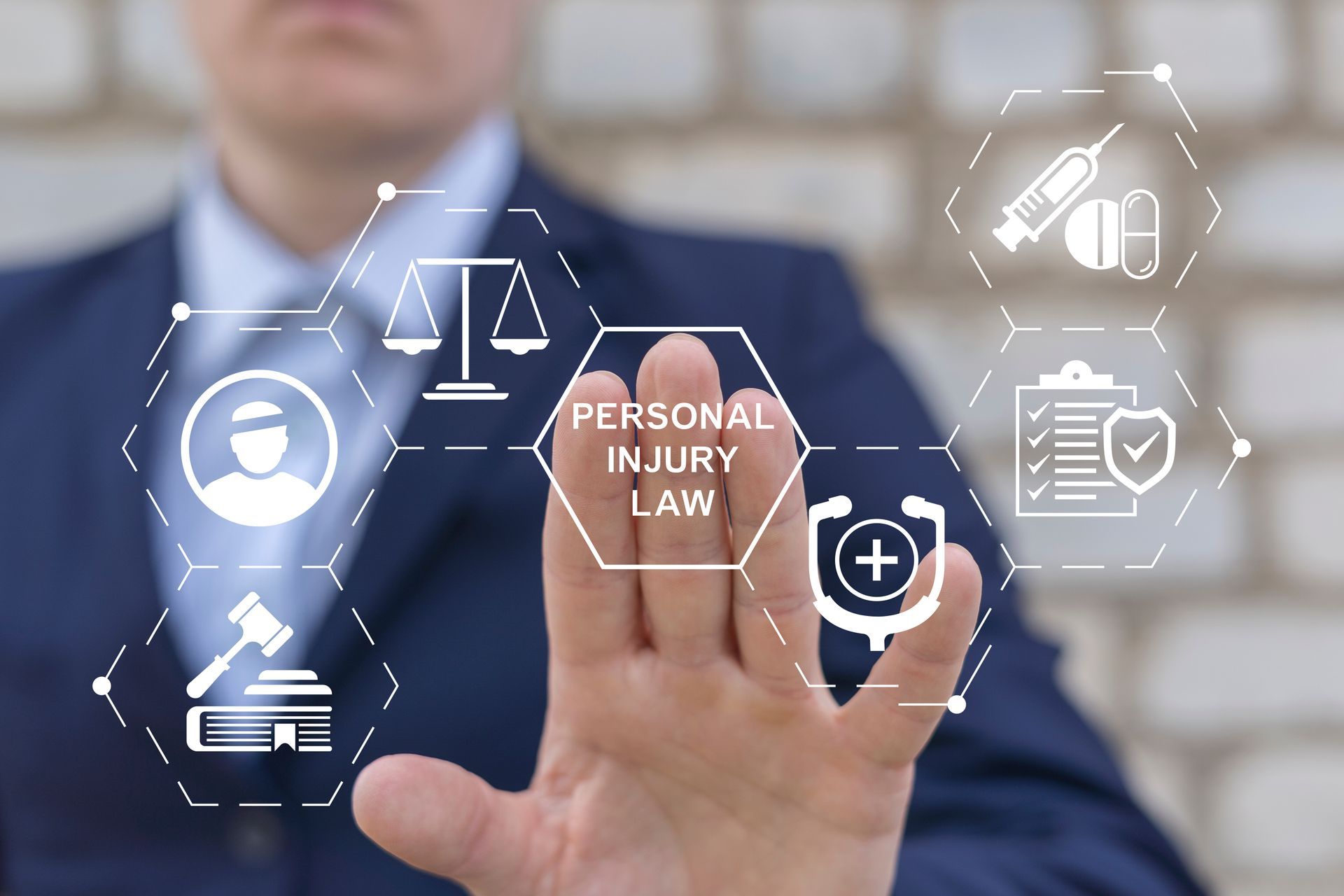 A personal injury lawyer uses a virtual touch screen and presses the words 'personal injury law'