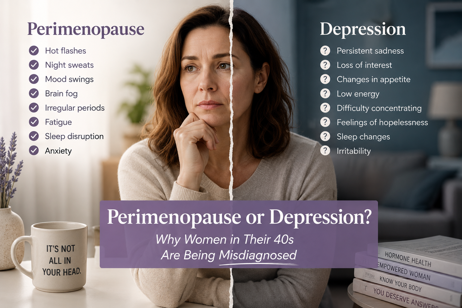 Woman in her forties looking distracted at a desk, illustrating perimenopause brain fog