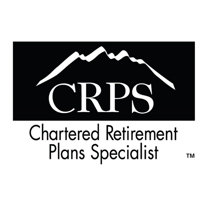 CRPS logo with white mountain graphic and “Chartered Retirement Plans Specialist” on black background