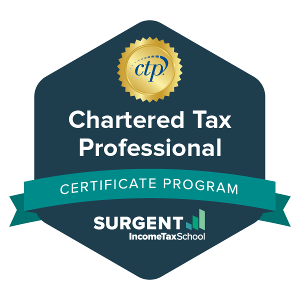 Chartered Tax Professional certificate program badge with gold seal and teal ribbon, Surgent IncomeTaxSchool logo