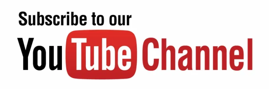 Subscribe to our YouTube channel text in black and red on a white background