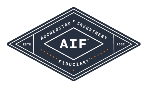AIF Accredited Investment Fiduciary logo in navy and white diamond emblem with orange accents