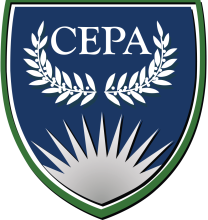 CEPA shield logo with white laurel wreath and sunburst on blue and green background