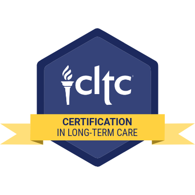CLTC certification badge in dark blue with a yellow ribbon reading “Certification in Long-Term Care”