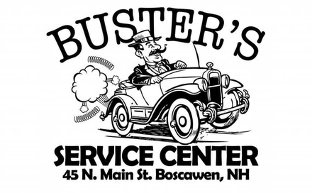 Buster's Service Center logo with a man in a car, text