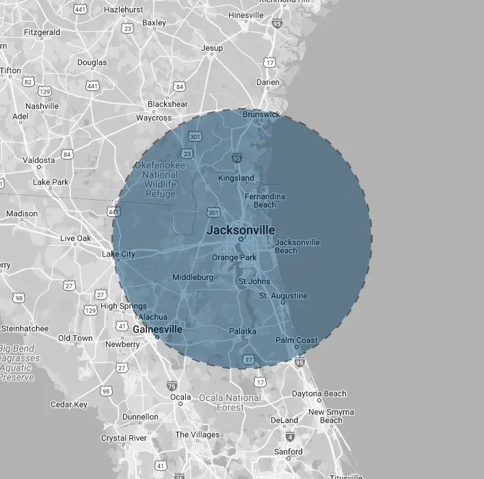 A map of jacksonville with a blue circle around it