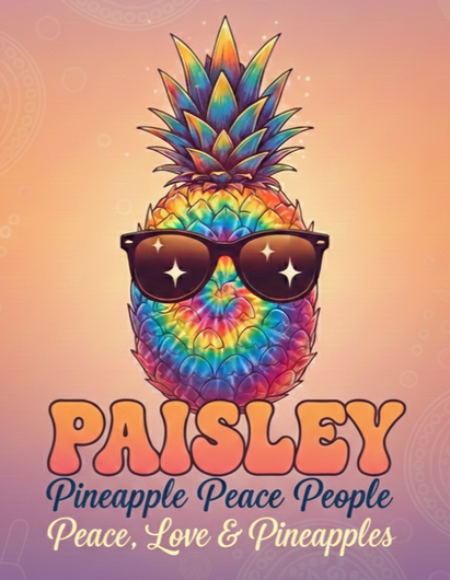 A tie-dye pineapple wearing sunglasses stands above text reading