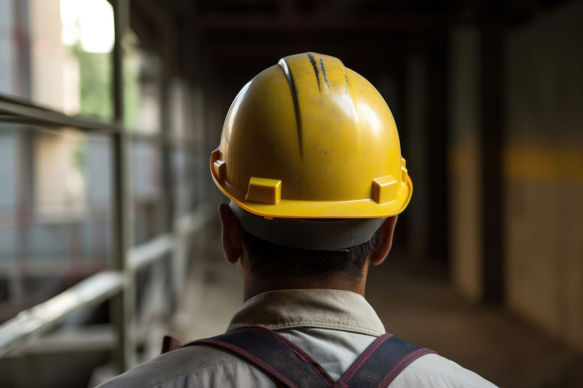 Person in yellow hard hat, facing away, in a construction area, looking ahead.
