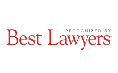 The logo for best lawyers is red and white and says recognized by best lawyers.