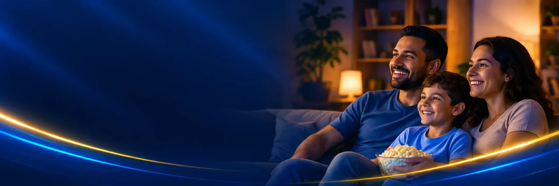 Cena ilustrativa de uma família assistindo à televisão em casa