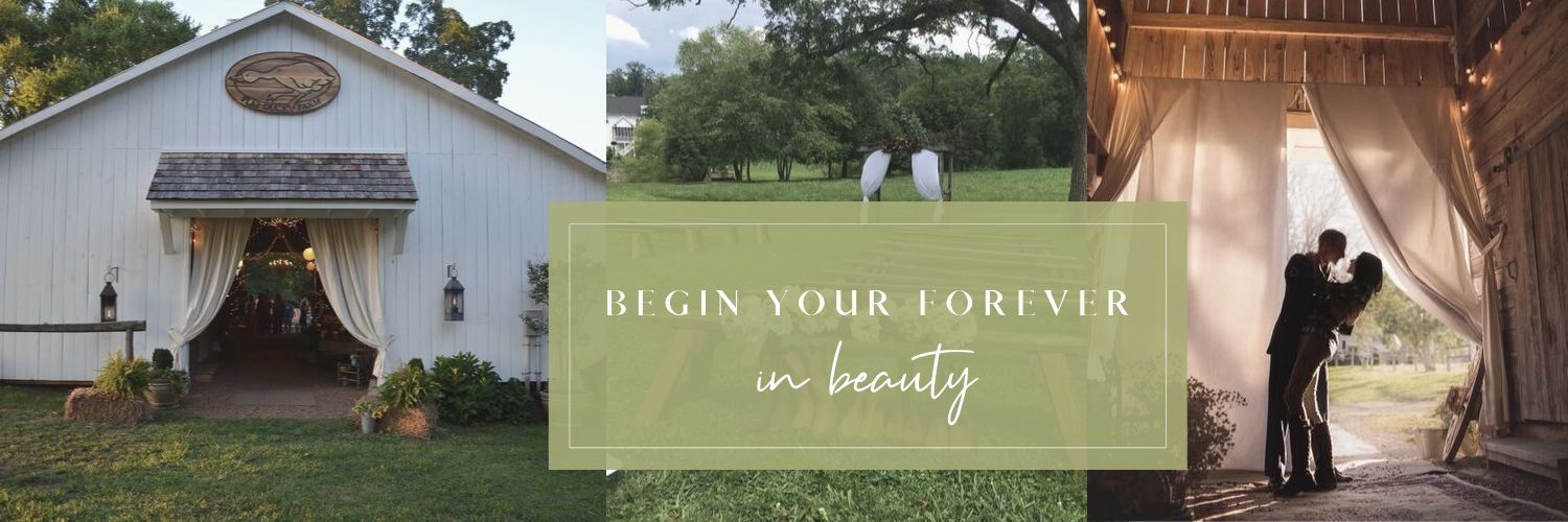 White barn wedding venue collage with “Begin your forever” text and a couple beneath a draped canopy