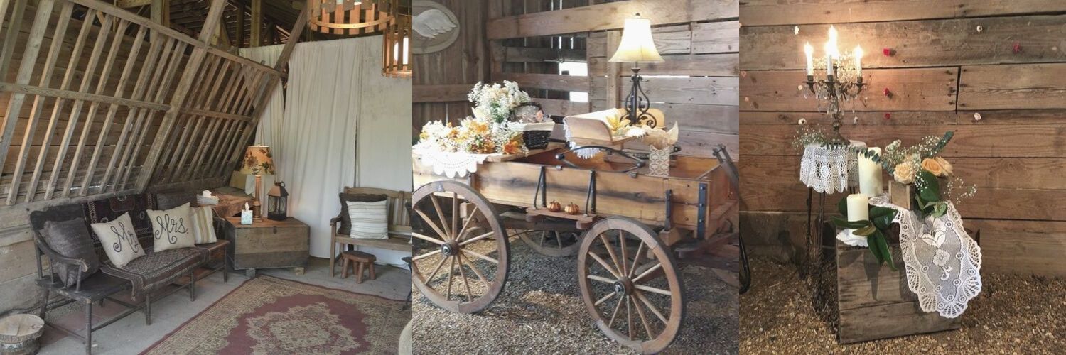 Rustic vintage room with wagon wheel table, cozy seating, flowers, and warm lamps