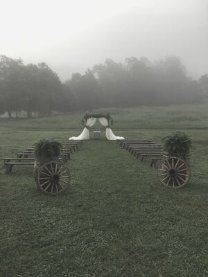 Foggy outdoor lawn with rows of rustic wagons leading to a white draped archway.