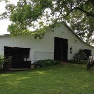 White barn with dark open doors on a grassy lawn under leafy trees