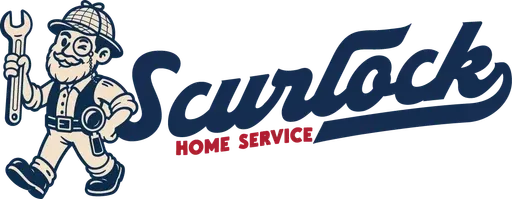 Scurlock Home Service logo with a cartoon plumber holding tools in blue and red.