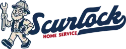 Scurlock Home Service logo with a cartoon plumber holding tools in blue and red.