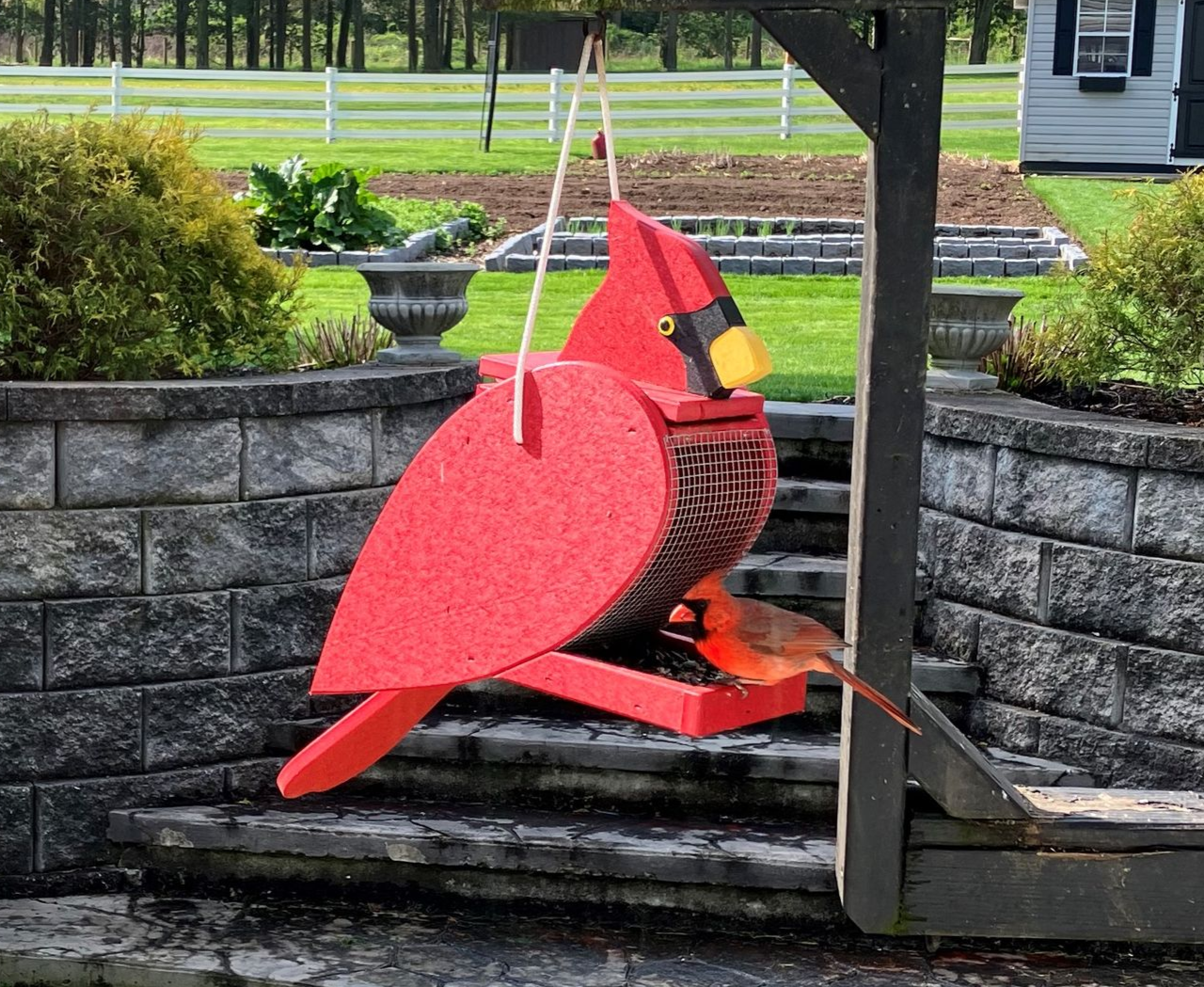 Colorful birdhouses and bird decorations hanging from a metal pole, in front of fall foliage.