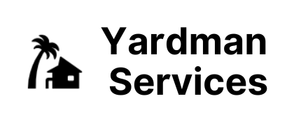 A black and white logo for yardman services with a house and palm tree.