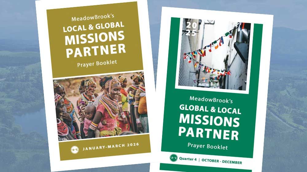 Two book covers: gold “Local & Global Missions Partner” and green “Global & Local Missions Partner” with bridge photos