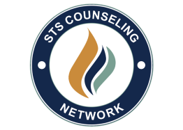 STS Counseling Network logo in navy, gold, green, and white with circular text and flame icon