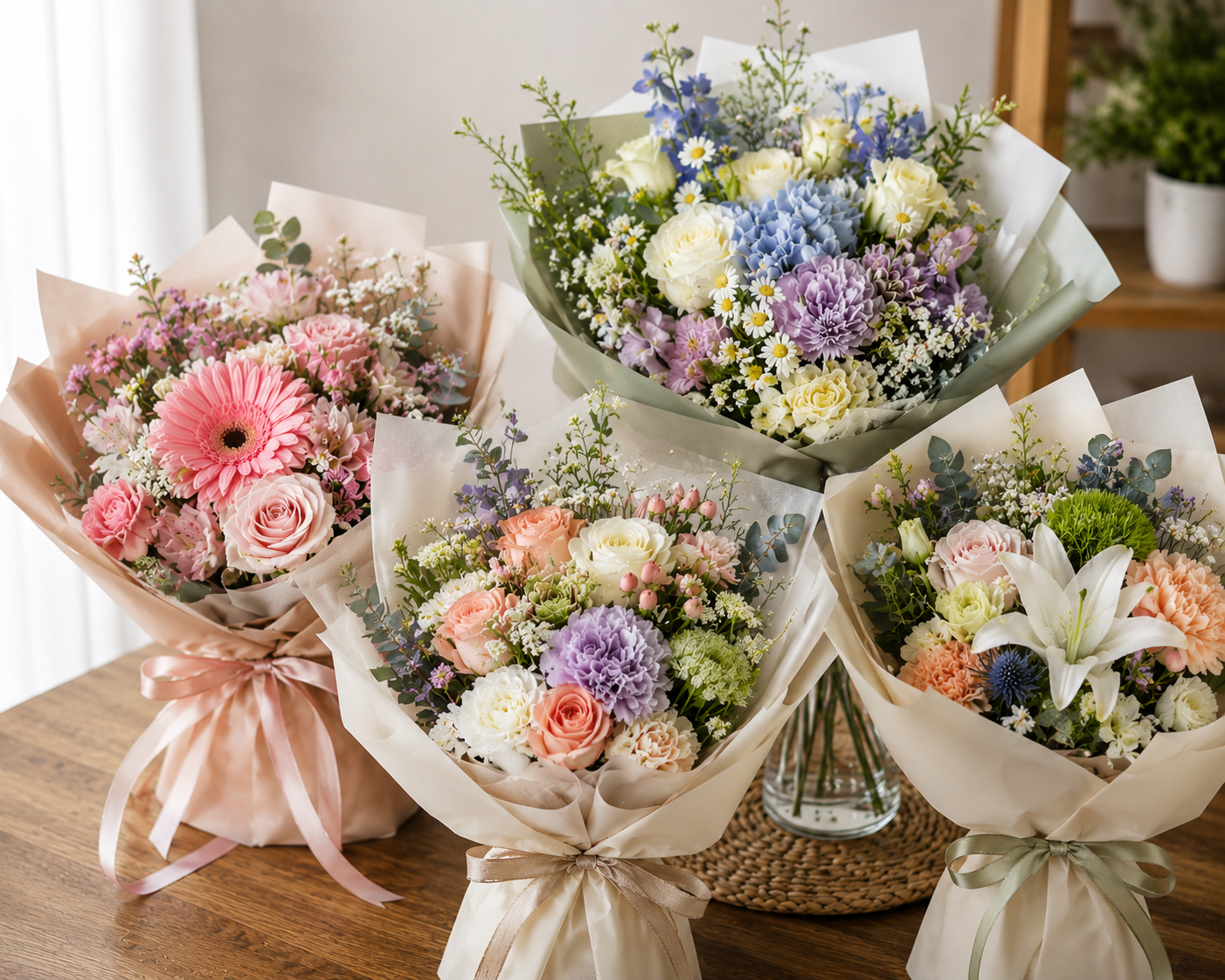 Four pastel flower bouquets wrapped in paper and ribbon on a wooden table