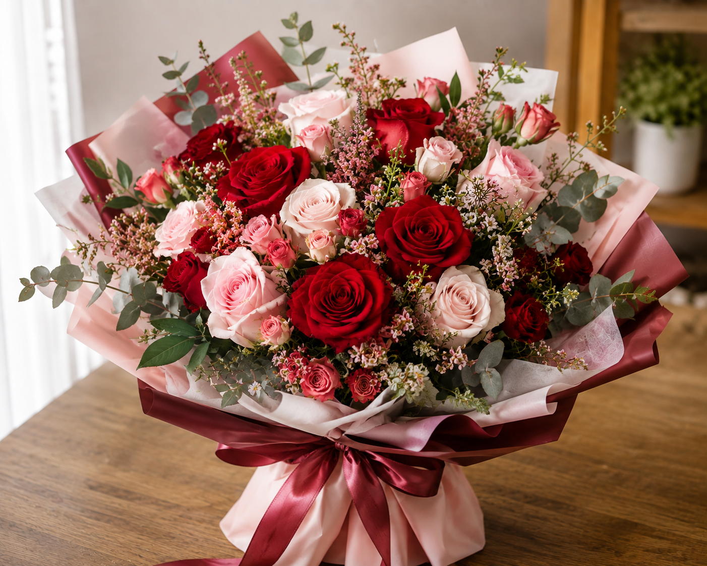 Bouquet of red and pink roses with greenery, wrapped in burgundy paper and tied with a bow on a wooden table