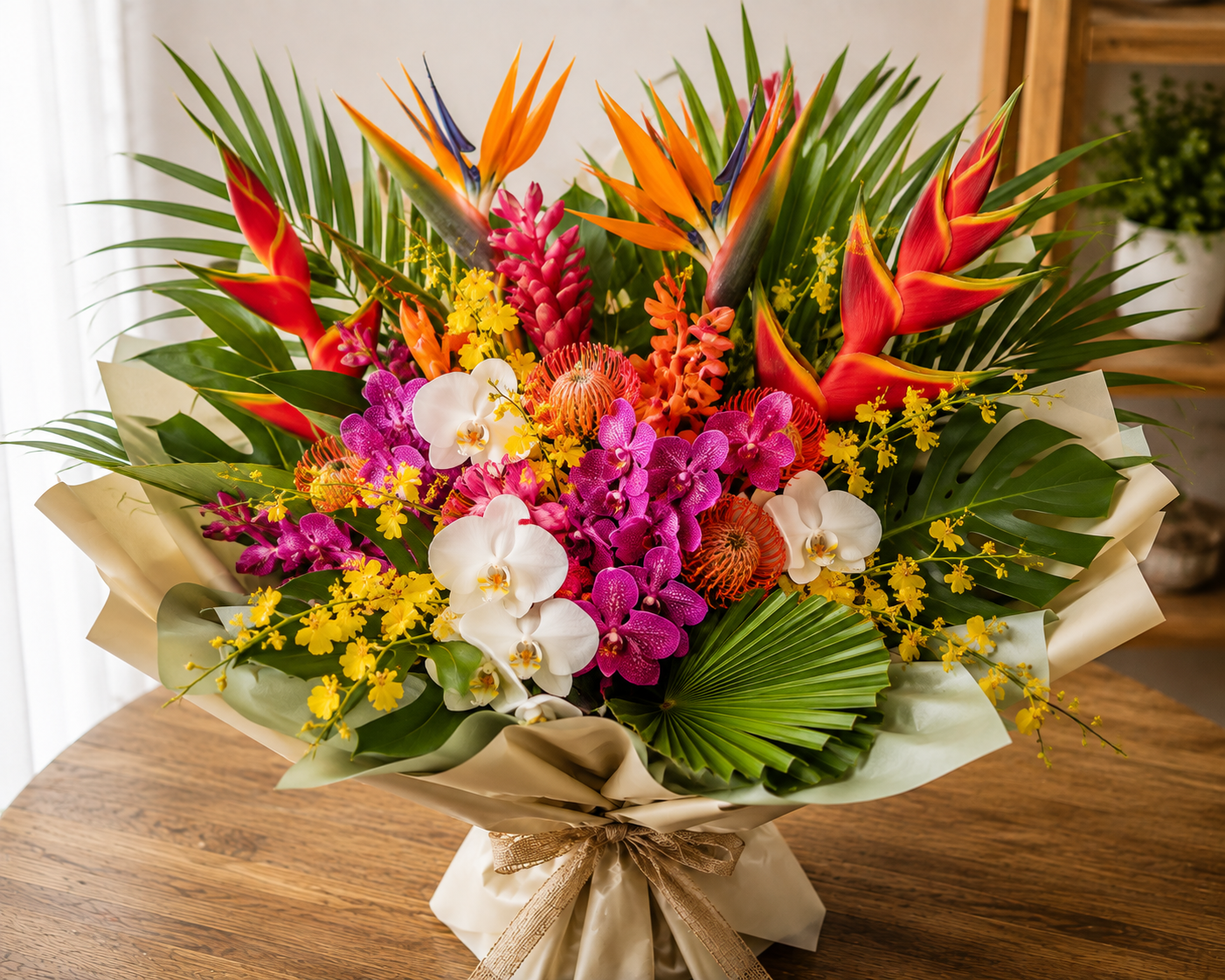 Colorful tropical bouquet with orchids, bird-of-paradise, and greenery in gold wrapping on a wooden table