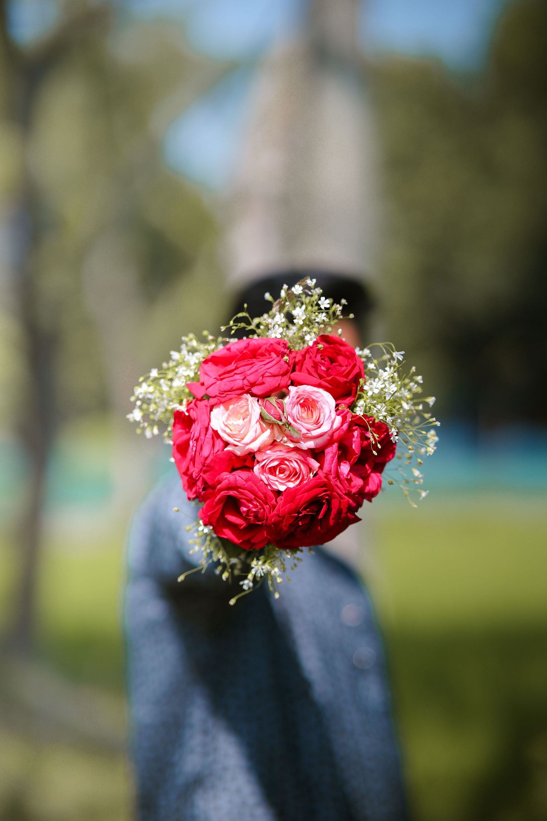 A bouquet of red and pink roses with baby's breath held against a blurred outdoor background.