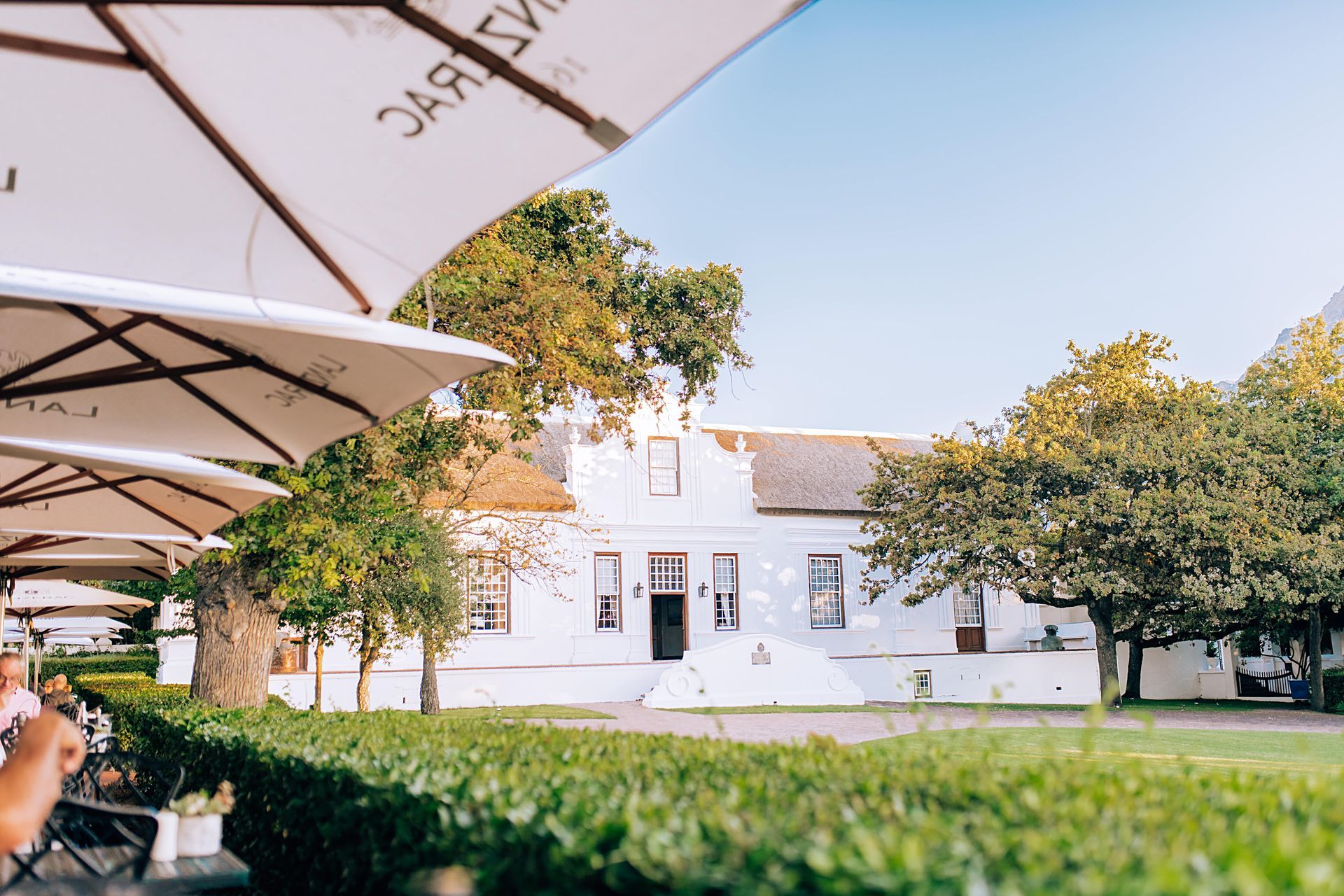 White house with trees and outdoor café umbrellas in the foreground on a sunny day