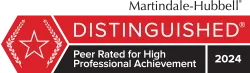 Martindale-Hubbell Distinguished badge with red banner and “Peer Rated for High Professional Achievement” 2024